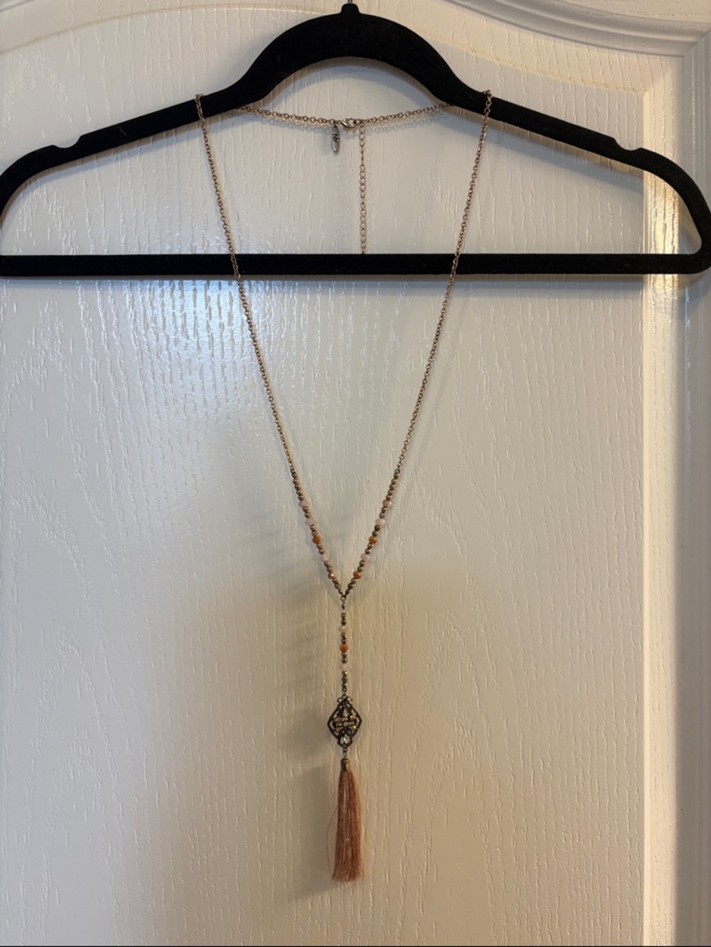 Delicate Pink Tassel Y-Necklace with Filigree Pendant
